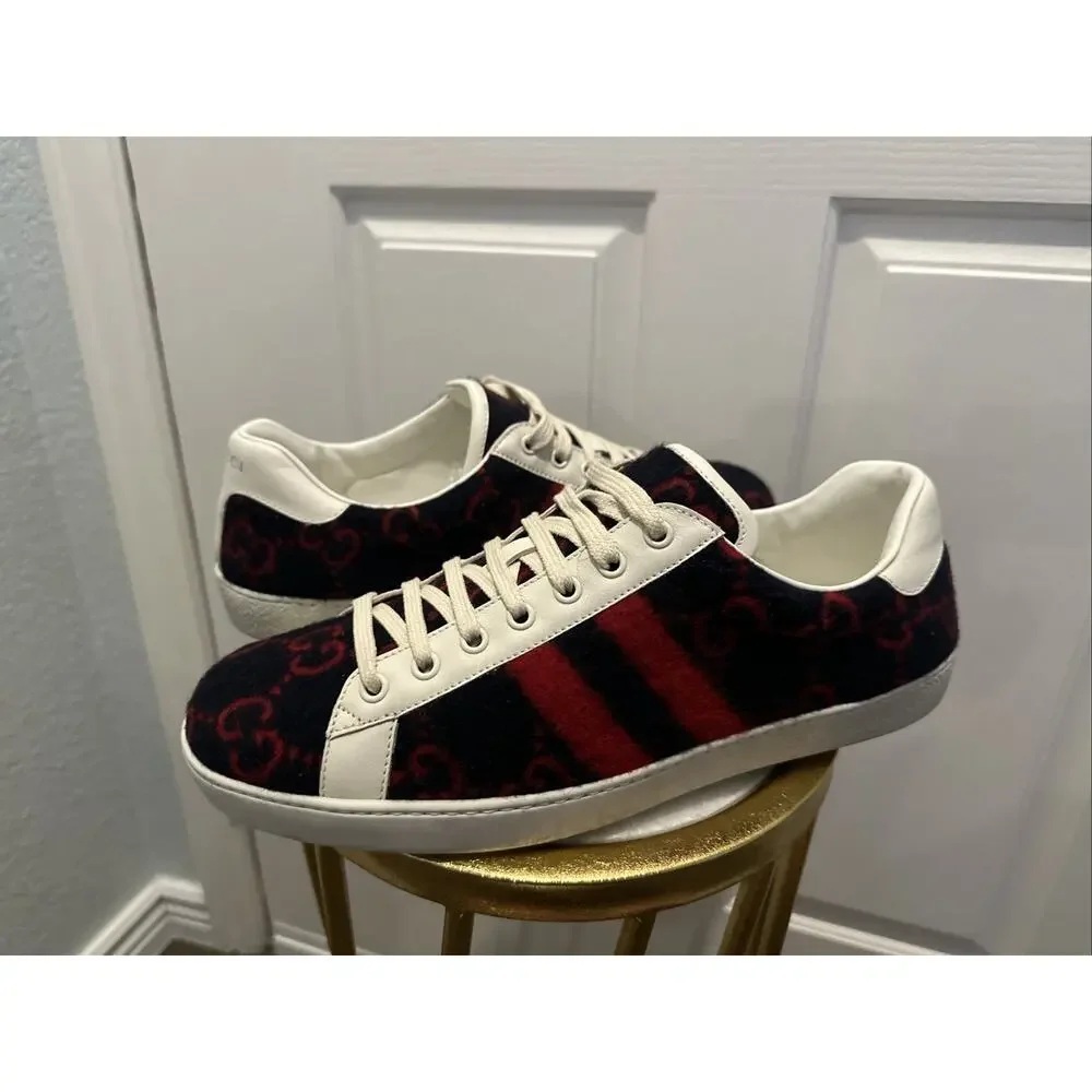 AUTHENTIC GUCCI WOOL ACE GG BLUE RED SNEAKERS 548495 GG 9.5 (fits USA 10.5)